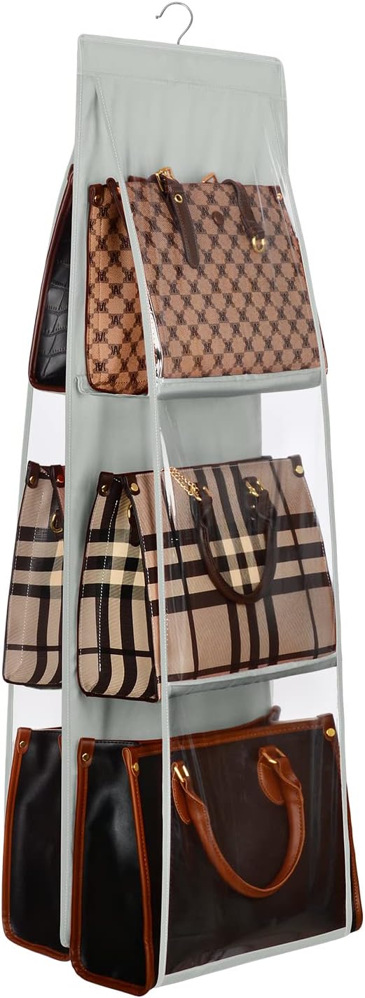 Lirex Medium and Large Handbag Hanging Purse Organizer for Closet, Handbag Storage Organizer Hanger Oxford Cloth Closet Organizer for Family Closet Bedroom, Foldable and Universal Fit, Grey