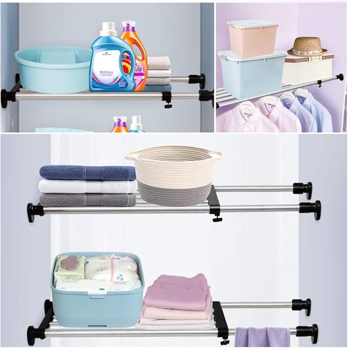 BAOYOUNI Expandable Shelf Closet Tension Rod Adjustable Shelving Unit Storage Rack Organizer Hanger Space Saving Divider for Wardrobe, Cupboard, Kitchen, Bathroom Use, Black