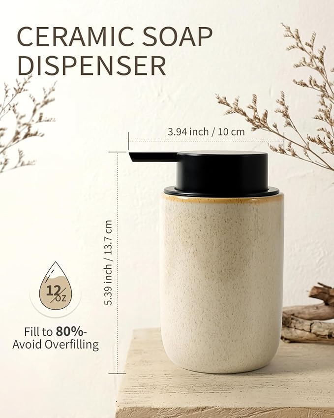 BosilunLife Foam Soap Dispenser - Ceramic Foaming Hand Dispenser for Bathroom Modern Farmhouse Small Soap Dispenser Hand Pump Dispenser for Kitchen Sink (Greige with Speckle, Foam Pump)