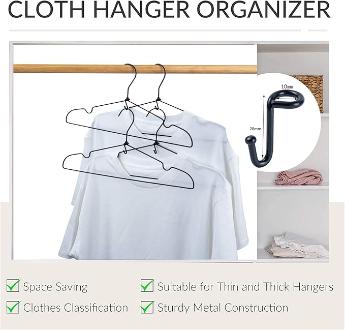 Clothes Hanger Connector Hooks, Heavy Duty Extender Clips Organizer Mini Space Saving Clothes Hanger Extender Cascading Connection Hooks for Wooden Velvet Metal Plastic Hangers (Black) 36PCS