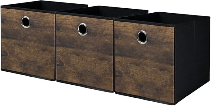 Thickened Fabric Storage Bins with Wood Grain,Decorative Storage Cubes Foldable Box,Sturdy Cube Organizer Basket for Shelves,Closet,Home,Office, Nursery,Dorm,Brown with Black,3 Pack (11.8x11.8x11.8in)