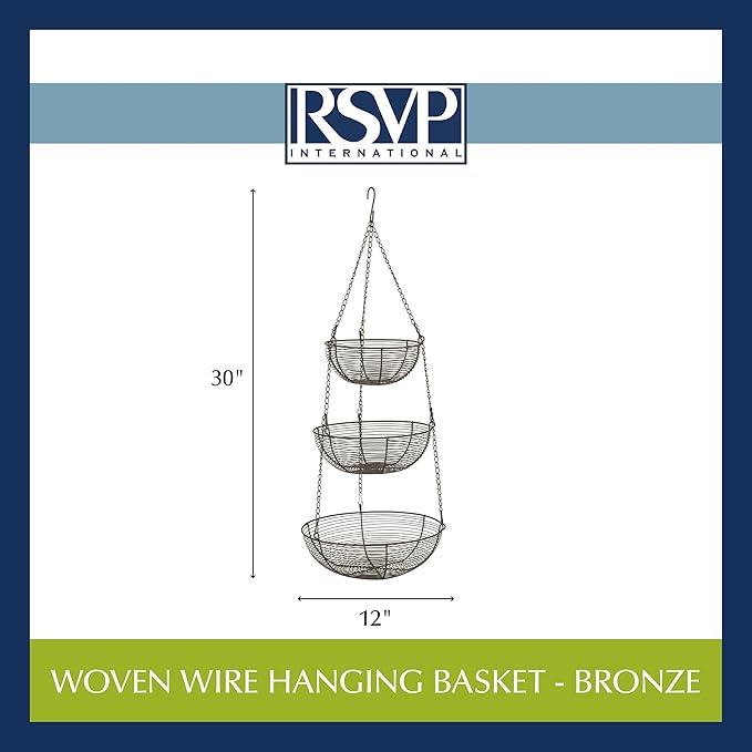 RSVP International Hanging Storage Collection 3-Tier Baskets, Bronze Woven Wire (Pack of 3)