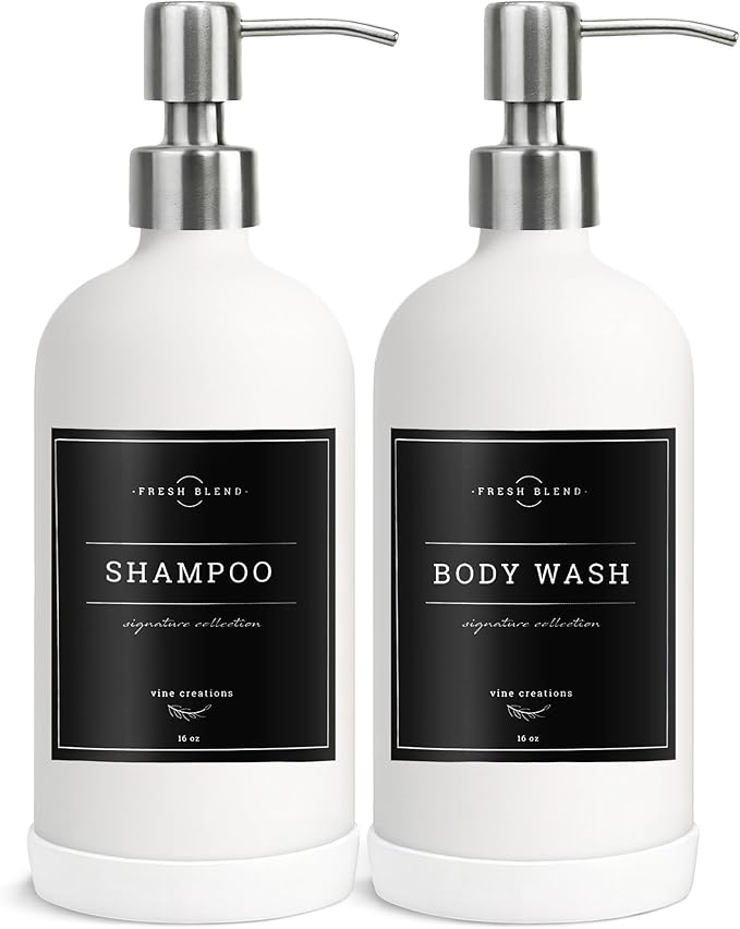 Vine Creations White Glass Soap Dispenser, 2 Pack Kitchen Soap Dispenser Set with Stainless Steel Pump, 16 oz Dish Soap and Hand Soap Dispensers for Bathroom with Waterproof Labels