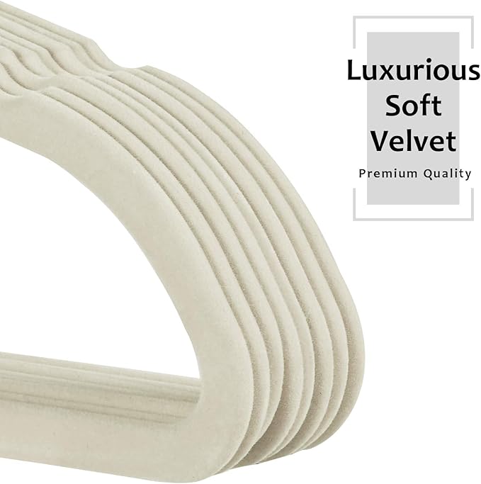 VECELO Premium Velvet Clothes Hangers Suit Heavy Duty (50 Pack)-Non Slip & Space-Saving with 6 Finger Clips & Tie Rack Excellent for Men and Women,Light Beige