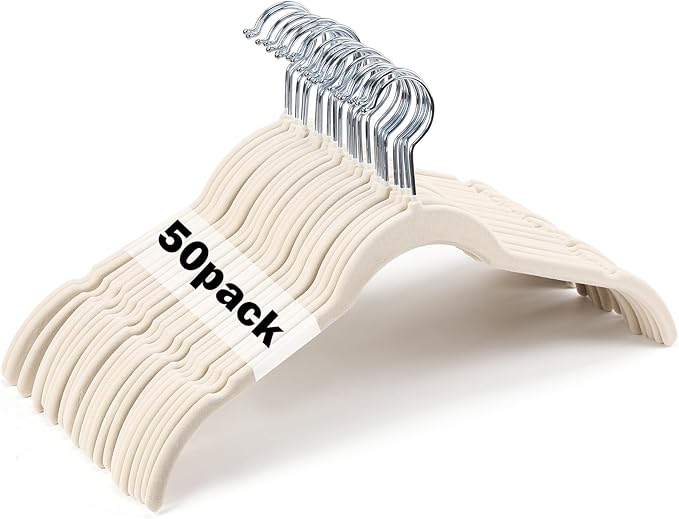 50 Pack Velvet Hangers Non-Slip Shirt Clothes Hangers 360° Swivel Hook Slim Flocked Coat Hanger Heavy Duty Space Saving Felt Hanger for Women Men Pants Jackets Dress(Ivory White)