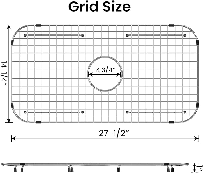 Sink Bottom Grid 27-1/2" x 14-1/4", Centered Drain with Corner Radius 3-1/2" (27-1/2" x 14-1/4" Center Drain) - for Single Bowl Kitchen Sink