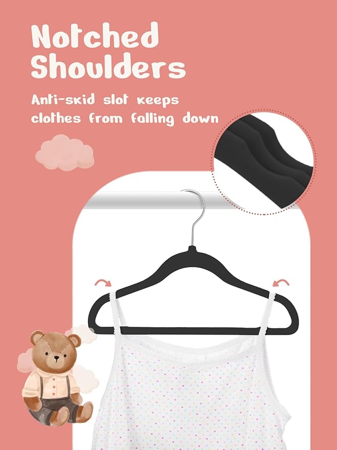 HOUSE DAY 11 Inch Black Velvet Baby Hangers 20 Pack, Premium Kids Hangers for Children, Infant & Toddler Clothes, Durable Non Slip Baby Felt Hanger for Closet, Ideal for Everyday Use