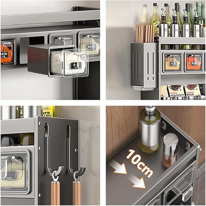 Kitchen Seasoning Shelf Spice Rack Wall Mount with Hooks and Utensil Holder Hanging Seasoning Box Shelf Seasoning Jar Organizer for Sugar Salt Pepper Oil Bottle (5 Boxes)