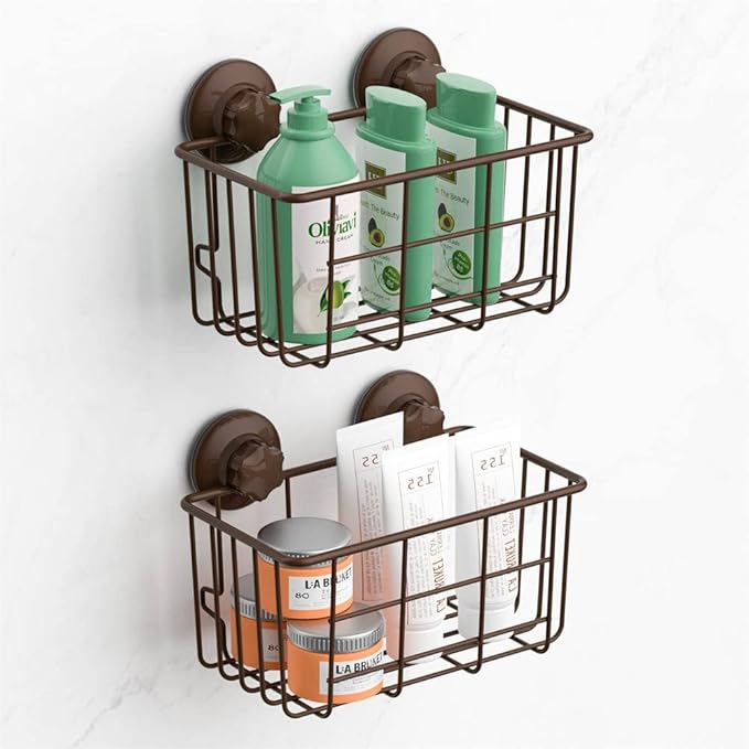 SANNO Suction Cup Shower Caddy Basket for Shampoo Combo Organizer Basket Stainless Steel Holder for Bathroom Storage,Bronze,pack of 2