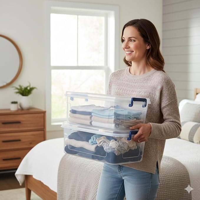 Tribello Clear Storage Bins with Lids, 12-Pack Stackable Plastic Storage Containers for Home Organization – Clear Totes for Closet and Underbed Storage, 9.5