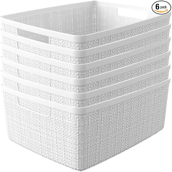 Curver Set of 6 Medium 12L Jute Decorative Plastic Organization and Storage Baskets - Perfect Bins for Home Office, Closet Shelves, Kitchen Pantry and All Bedroom Essentials, White