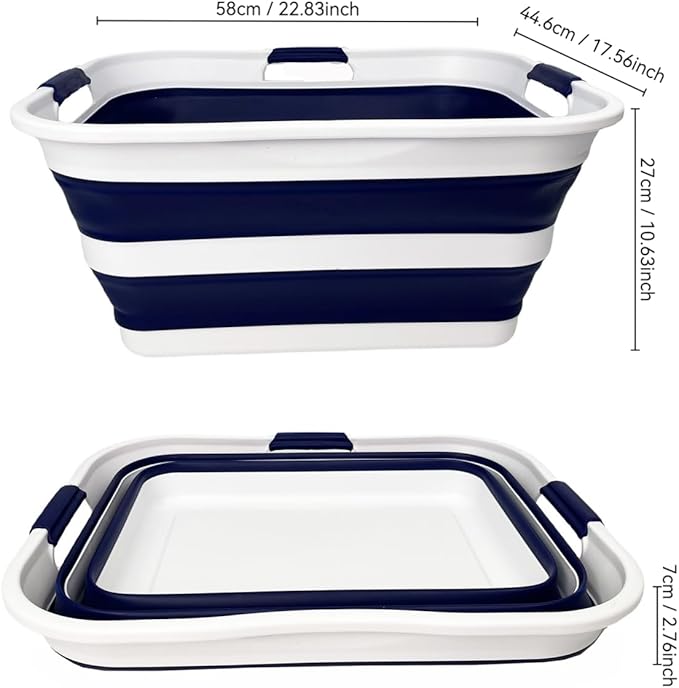 SAMMART 42 (11 Gallons) Collapsible Plastic Laundry Basket, Foldable Pop Up Storage Container/Organizer, Space Saving Hamper, Portable Bin for Dorm Room Bathroom (1, White/Starry Blue)