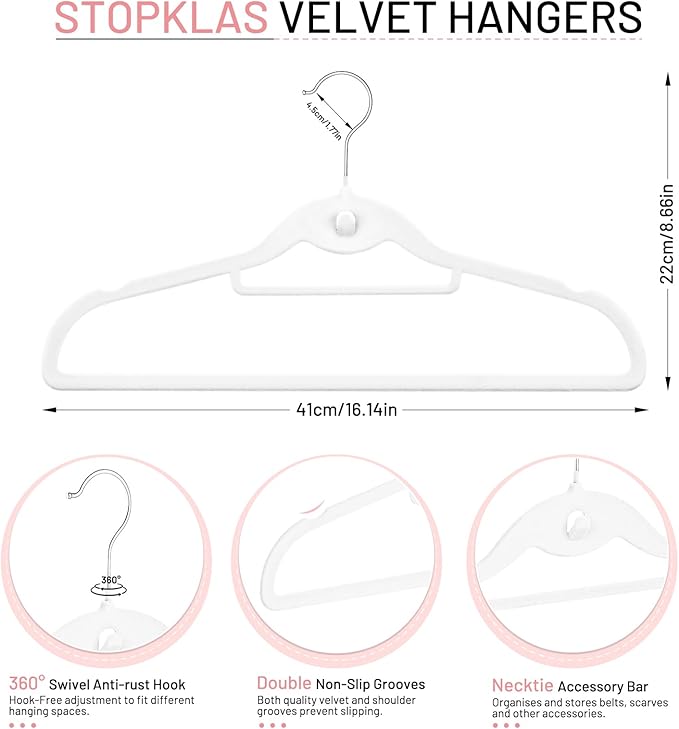 Velvet Stackable Hangers 30 Pack, STOPKLAS White Clothes Hangers Non Slip Felt Hangers with 360° Swivel Hook, Thin Hanger Space Saving, Heavy Duty Closet Hanger for Clothes, Coats, Suits, Dress, Pants