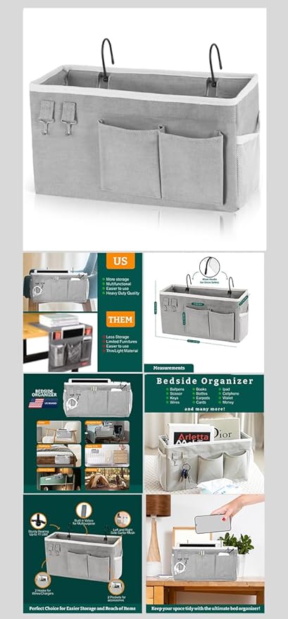 ADVANCELLPRO Bedside Caddy Organizer Hanging Storage Bag with Pockets for Books, Magazines, Phone, Tablet & Water Bottle – Bedside Storage for Dorm, Bunk Beds, Hospital Beds & Cribs,Grey