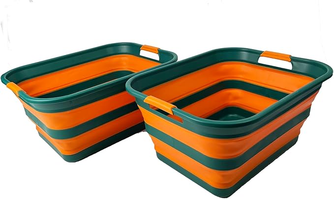 SAMMART Collapsible Plastic Laundry Basket with Handle/Foldable Pop Up Storage Hamper/Portable Laundry Organizer-Space Saving Washing Tub/Household Storage (Teal Green/Autumn leaf, 42L (Set of 2))