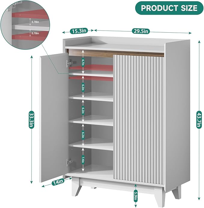 White Fluted Shoe Cabinet, 5-Tier Shoe Storage Cabinet with Adjustable Shelves, 43.7”H Tall Shoe Cabinet Storage for Entryway Hallway Living Room, Shoe Rack Organizer White & Walnut Wave Fluted Design
