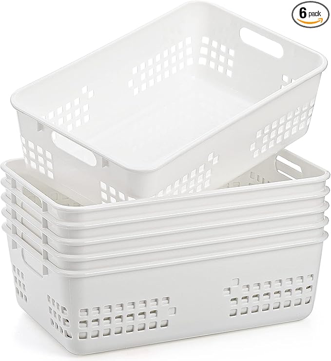 Jucoan 6 Pack White Plastic Storage Baskets, 12 X 8 X 4 Inch Large Plastic Storage Organizer Tray Bin with Handles for Classroom, Drawer, Closet, Bathroom Kitchen