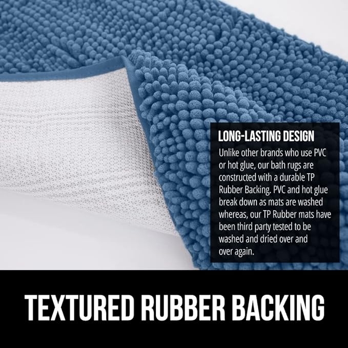 GORILLA GRIP Bath Rug Mat 60x24, Thick Soft Absorbent Chenille, Quick Dry Microfiber Mats, Rubber Backing Washable Shower Floor Rugs, Bathmat Runner, US Designed Bathroom Home Decor Accessories Blue