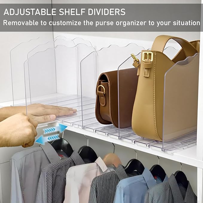 Purse Organizer for Closet Shelf 8 Divider, Adjustable Divider Closet Organizer, Shelf Dividers Storage Organizer for Purse and Handbag Closet Shelves (Clear)