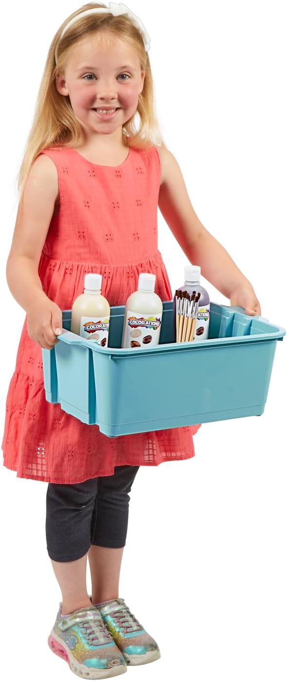 Really Good Stuff Stacking Bins, 14" x 10" x 5 .75" - 6 Pack, Water, Stackable Storage Plastic Bins for Classroom Organization, Home Storage, Office & Hospital Supplies