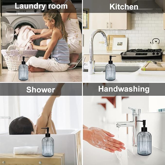 Pack of 2 Glass Soap Dispenser with Black Pump, 400 ml Refillable Pump Dispenser for Kitchen, Bathroom, Laundry Room, Liquid Glass Bottle for Washing Up Liquid, Shampoo, Conditioner (Gray)