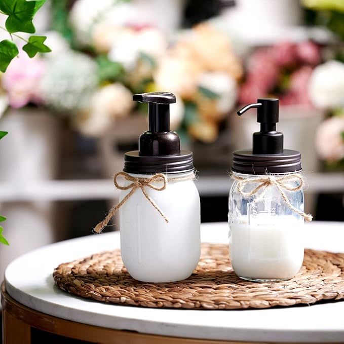 Amolliar 4 Pack Mason Jar Liquid Soap Dispenser, Rustproof Stainless Steel Lid Pump, Refillable Hand Soap for Bathroom, Kitchen, Cute Farmhouse Decor for Dish Soap, Liquid Soap, Lotions(Bronze)