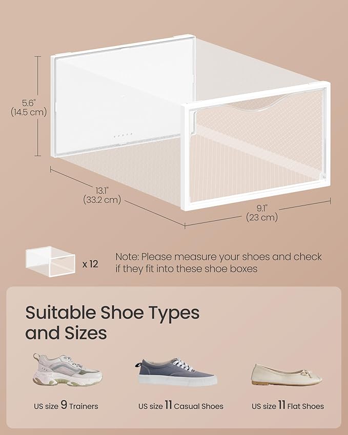 SONGMICS Shoe Boxes, Shoe Storage Organizers Rack for Closet, Plastic Stackable Sneaker Containers Case, 12 Pack, Transparent and Cloud White ULSP312W01