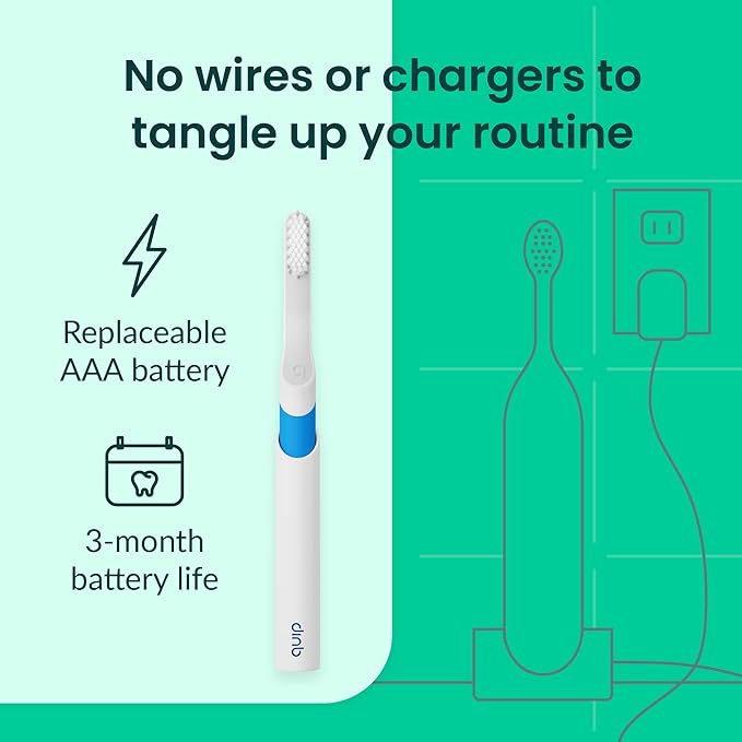 Quip Sonic Electric Toothbrush for Adults - Time Travel & Soft Bristles with Travel Case & Replacement Brush Head - 3 Month Battery Life, Plastic Handle - Blue