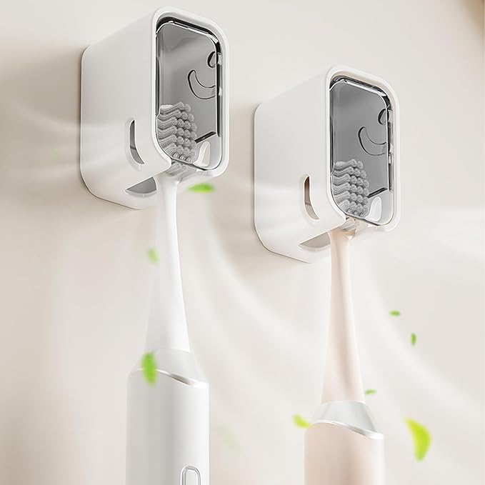 2 Pack Toothbrush Holders for Bathroom, Self Adhesive Wall Mounted Toothbrush Holder with Cover, Single Toothbrush Dispenser Storage Organizer for Family, Travel, Waterproof and Dustproof (Grey)