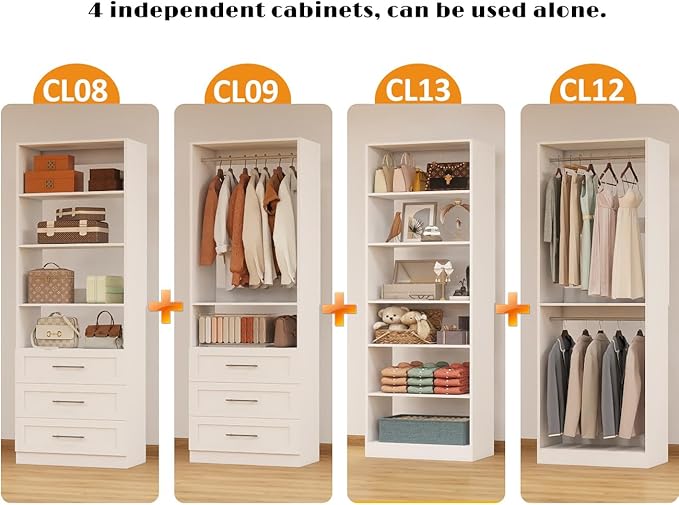 Closet System with 4 Sets, Closet Organizer Systems with 6 Drawers & 7 Hanging Rods & Adjustable Shelves, Walk in Closet Standalone Closet System Modular Closet System Set White