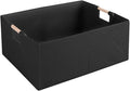 Fabric Storage Bin Box Foldable Cotton Linen Storage Basket with Wooden Handles Rectangular Cube Decorative Home Laundry Organizer Clothes Blanket Container – Black, Small