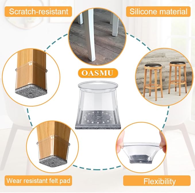 32 Pcs Square Chair Leg Protectors for Hardwood Floors,Felt Furniture Floor Protectors with Silicone Caps, Small Size (Fits Chair Legs with Side Length: 3/4" to 1-1/16")