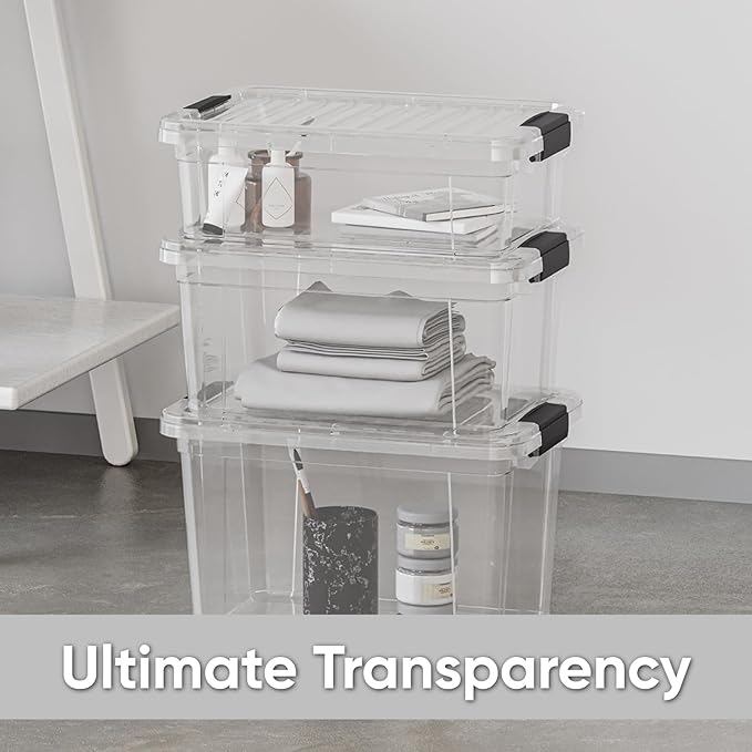 Superio Clear Storage Boxes with Lids, 26.5 Quart Plastic Container Bins for Organizing, Stackable Crates, BPA Free, Non Toxic, Odor Free, Organizers for Home, Office and Dorm, 3 Pack