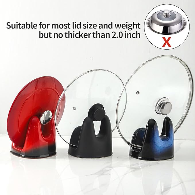 Nihow Pot Lid Holder: Stable Ceramic Pan Lid Holder for Kitchen Counter Decor/Countertop/Stove Top- Heat Resistant & Dishwasher Safe - Elegant Black & Red(1PC)