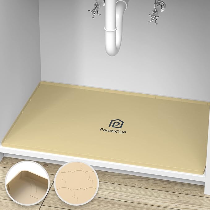 Under Sink Mat, 34" x 22" Silicone Kitchen Cabinet Tray, Waterproof & Flexible Under Sink Liner for Kitchen Bathroom and Laundry Room(Beige)