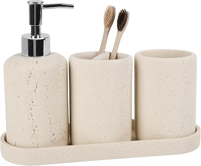 Bathroom Accessories Set,4 Piece Travertine Stone Look Bathroom Accessory Set with Soap Dispenser,Toothbrush Holder,Vanity Tray,Tumbler,Bathroom Organizer for Modern Bathrooms - Beige