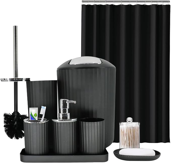 Black Bathroom Accessories Set, 9-Piece Bathroom Accessory Sets Complete with Trash Can, Shower Curtain, Vanity Tray, Soap Dispenser, Soap Dish, Toothbrush Holder, Toothbrush Cup and Toilet Brush