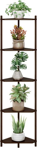 Wisuce Corner Shelf Stand - 5 Tier Walnut Bamboo Small Corner Bookshelf for Office Kitchen Bedroom Plant Stand Living Room Decor Small Space