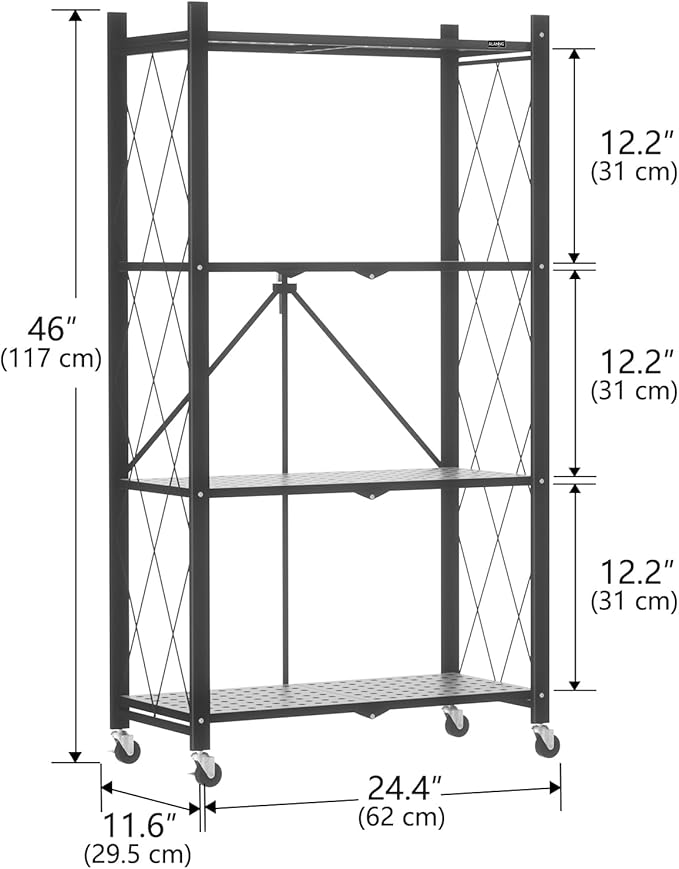 ALANNG Heavy Duty 4-Tier Folding Shelf with Wheels, No Tools Assembly Metal Storage Rack Cart, 264LBS Capacity for Kitchen, Pantry, Laundry Room, Garage, (Black, 2PACK)