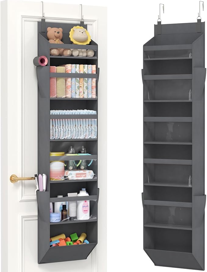Lifewit 1 Pack Over the Door Organizer, Clear Window Hanging Storage with 4 Mesh Side Pockets, Anti Tilt 40 lbs Load Behind Door for Pantry, Nursery, Bathroom, Bedroom, Dorm, 6 Section, Gray