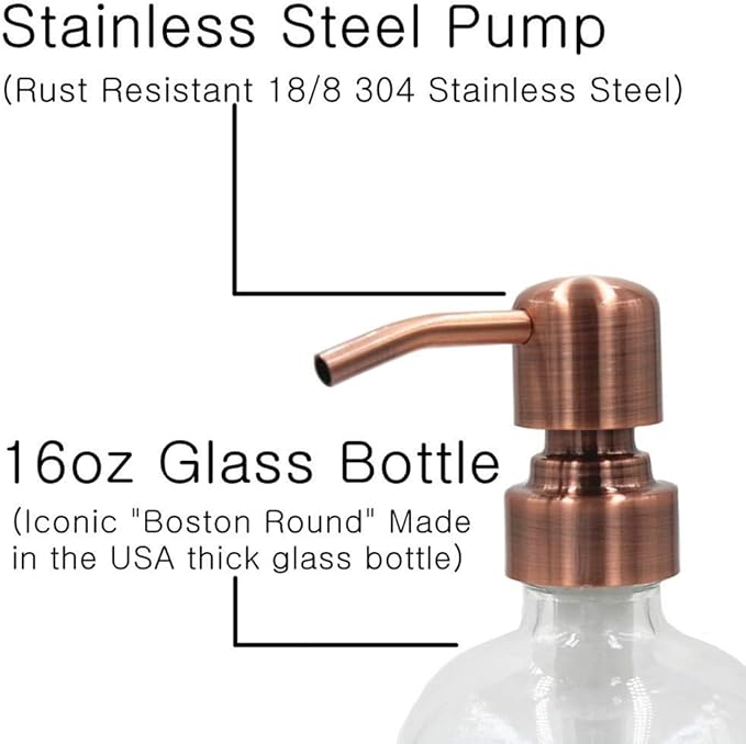 2 Pack Thick Clear Glass Pint Jar Soap Dispenser with Copper Stainless Steel Pump, 16ounce Clear Boston Round Bottles Dispenser with Rustproof Pump for Essential Oil, Lotions Soap