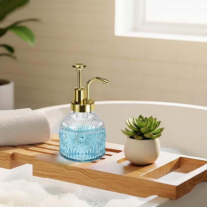 SheeChung Vintage Soap Dispenser, Kitchen Dish Soap Dispensers with Pump Mat, Glass Hand Soap Dispenser for Bathroom, Liquid, Lotion, Refillable, Rustic Farmhouse Decor-Clear (Gold Pump, 1 pk)