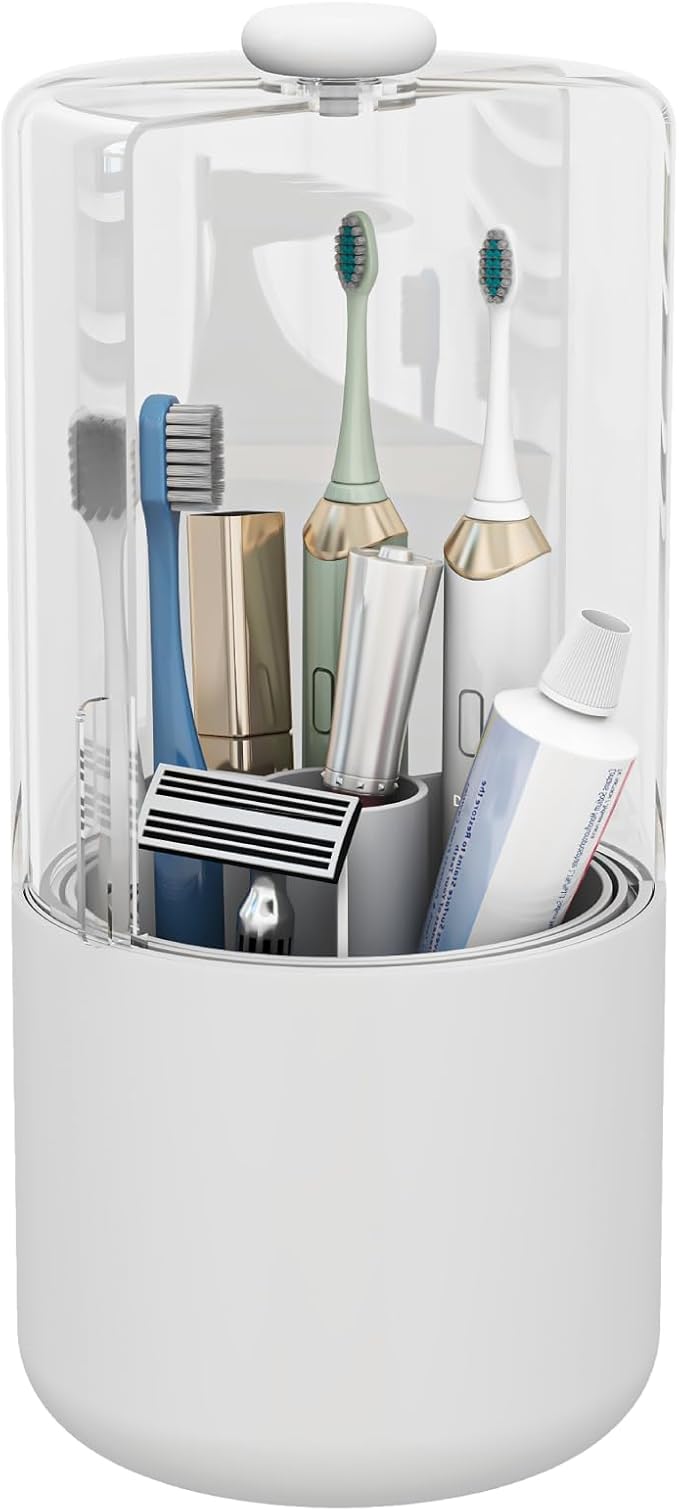 YOOLENS Toothbrush Holder with Cover 360 Rotating 4 Compartments Bathroom Toothpaste Electric Toothbrush Organizer, White
