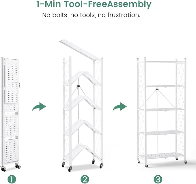 ALANNG 5 Tier Storage Shelves on Wheels, No Assembly Metal Folding Shelf Heavy Duty, White | Colorful | Rolling | Collapsible | Rack Unit | for Living Room Office | 13.4" D x 28" W x 64.6" H