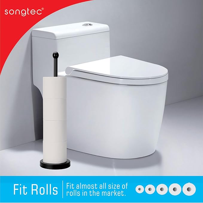 Songtec Toilet Paper Holder Stand, Black Floor Standing Tisse Roll Holder with Reserve for 4 Rolls, Compact Design Bathroom Toilet Paper Storage - Black