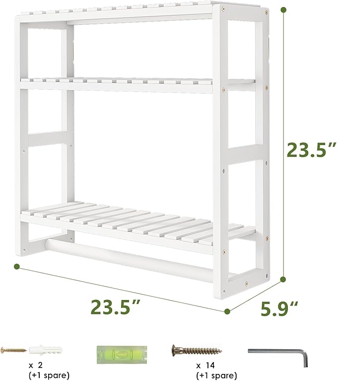 Over The Toilet Storage Bathroom Shelves Wall Mounted 3 Tier Space Saver Corner Shelf Organizer Bamboo Towel Rack Toilet Paper Cabinet with Hanging Rod White