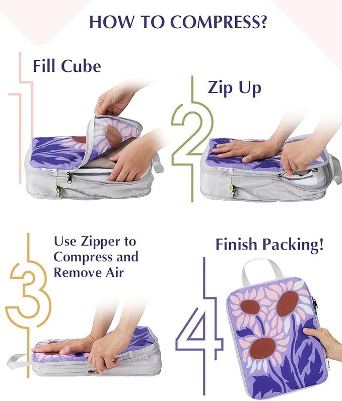 Gonex Compression Packing Cubes, 6pcs Expandable Storage Travel Luggage Bags Organizers with Shoe Bag Laundry Bag, Travel Cubes for Suitcase Carry On (Flowers)