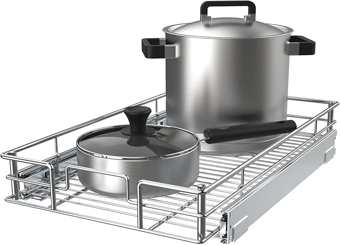 Pulloutor Pull Out Cabinet Organizer, (11" W x 21" D) Slide Out Kitchen Cabinet Storage Shelf and Drawer Organizer NEED 12" W and 22" D Cabinet, Chrome Finish