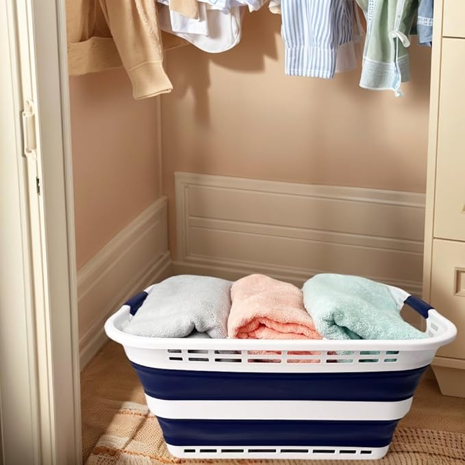 SAMMART 42L (11 Gallons) Collapsible Plastic Laundry Basket - Foldable Pop Up Storage Container/Organizer - Portable Washing Tub - Space Saving Hamper/Basket [BPA Free] (White/Starry Blue)