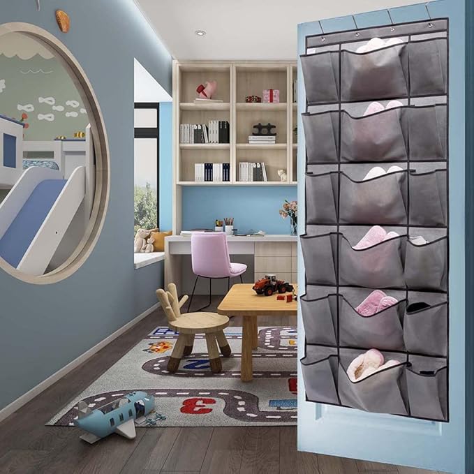 ANIZER Over The Door Hanging Shoe Rack Organizer with 6 Extra Large and 12 Large Fabric Pockets Shoe Holder for Home Storage (GREY)